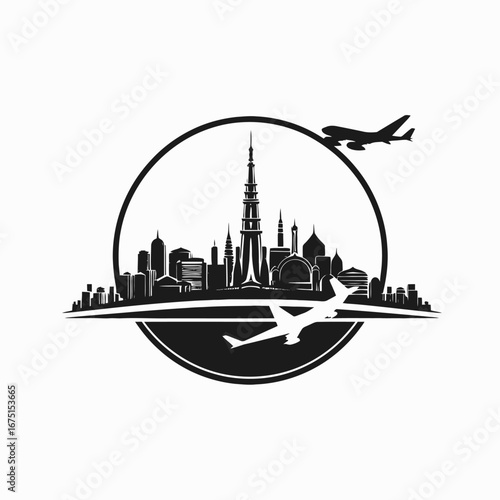 Urban travel scene featuring city buildings and planes in silhouette