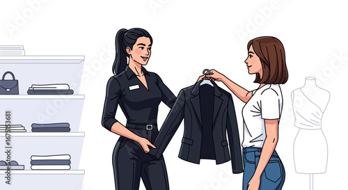 Clothing store assistant helping customer with blazer selection experience