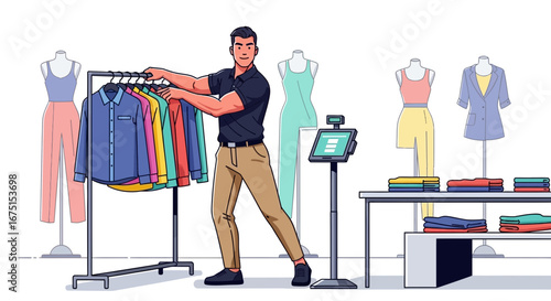 Clothing store employee arranging shirts on the rack, fashion industry concept