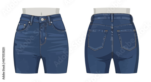 Denim Short Illustration, Front and Back View on a Mannequin Torso