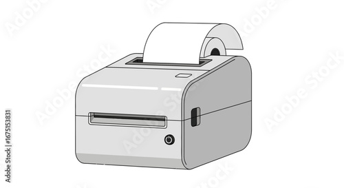 Depiction of a thermal receipt printer with paper roll in monochrome style