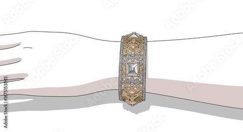 Detailed illustration of a vintage bracelet on a hand against white background