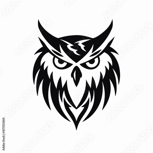 Striking owl vector illustration isolated on white background with geometric feather silhouette