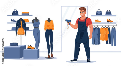Efficient retail worker managing inventory in a clothing boutique with modern style