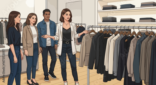 Diverse group contemplating fashion choices in a modern boutique setting