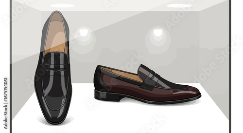 Elegant Leather Loafers Showcase in a Modern Minimalist Display Case