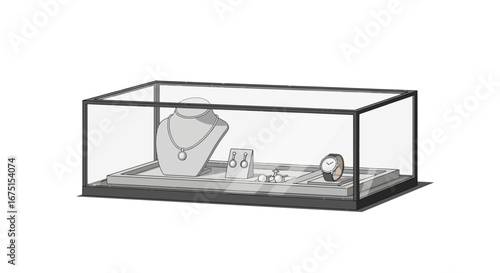 Elegant jewelry display case with necklace earrings rings and wristwatch