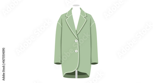 Elegant light green coat displayed on a mannequin against plain backdrop