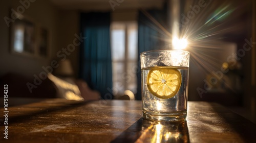 Sunlight streams through a window, illuminating a glass of water with a lemon slice on a wooden table, creating a warm and inviting atmosphere.