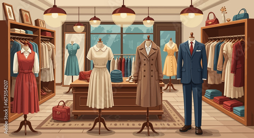 Elegant vintage clothing boutique displaying classic dresses and a suit