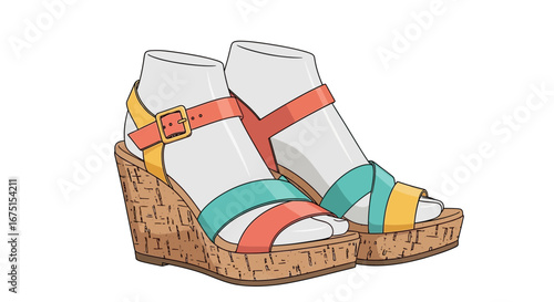 Elegant wedge sandals with colorful straps offering a modern summer style