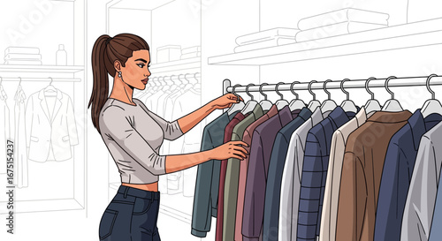 Elegant woman chooses apparel in wardrobe; diverse fashion selection process