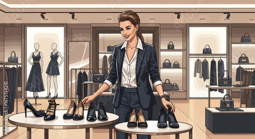 Elegant Woman at Upscale Boutique Browsing Designer Heels Collection