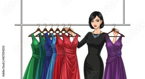 Elegant woman chooses colorful evening dresses for special occasion, style
