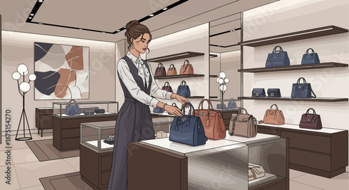 Elegant woman browsing designer handbags at a luxury boutique store