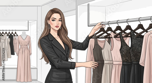 Elegant woman choosing attire from closet, navigating through various dress options