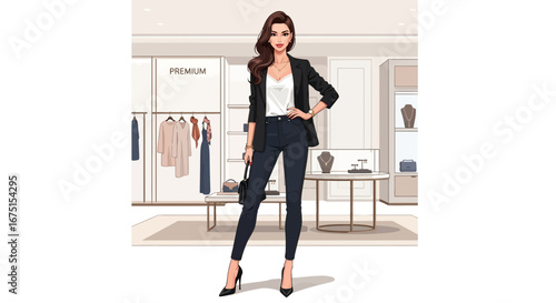 Elegant woman posing in a high-end boutique, radiating chic confidence