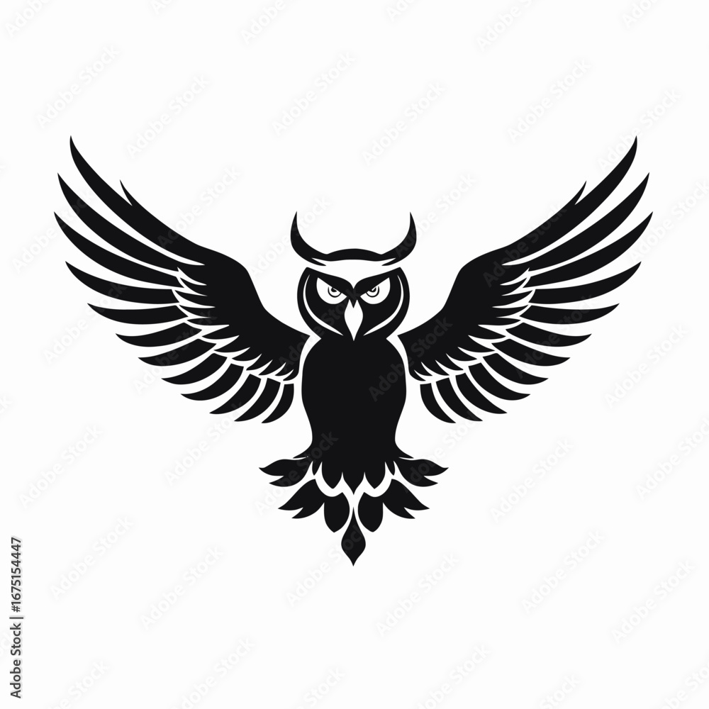Obraz premium Majestic horned owl soars powerfully in a captivating monochrome vector silhouette