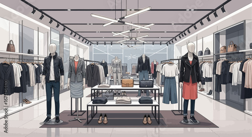 Fashion boutique interior with mannequins and diverse clothing collections