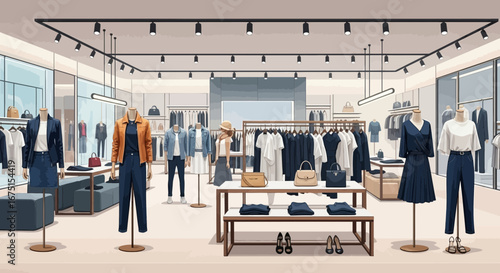 Fashion boutique interior with mannequins displaying latest trends and accessories