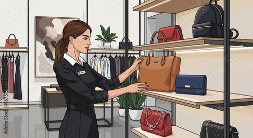 Fashion boutique scene featuring retail worker and luxury handbags display