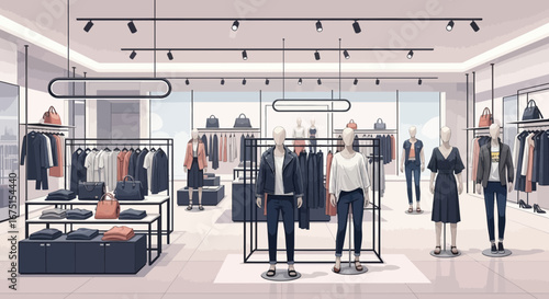 Fashion boutique showcases contemporary apparel through stylish display