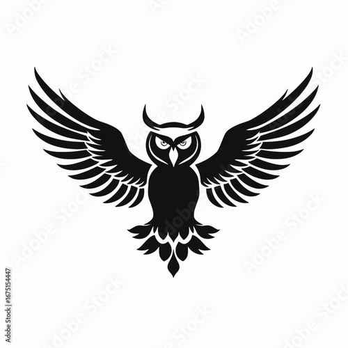 Majestic horned owl soars powerfully in a captivating monochrome vector silhouette