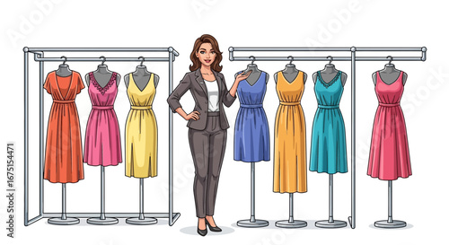 Fashion consultant showing diverse clothing styles in a retail shop scene