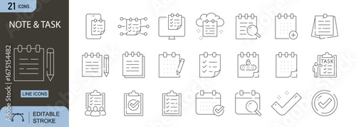 Note and Task icons set. Includes checklist, reminder, memo, clipboard, schedule, and to-do symbols. Editable stroke. Line icons. Perfect for productivity apps, workflow, and office tools.