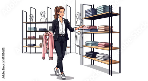 Fashionable woman choosing clothing at a trendy boutique atmosphere store