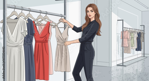 Fashionable woman selecting stylish dresses from a modern boutique closet