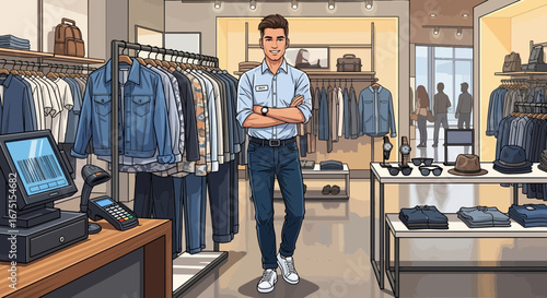 Friendly Sales Associate in a Contemporary Clothing Boutique Illustration