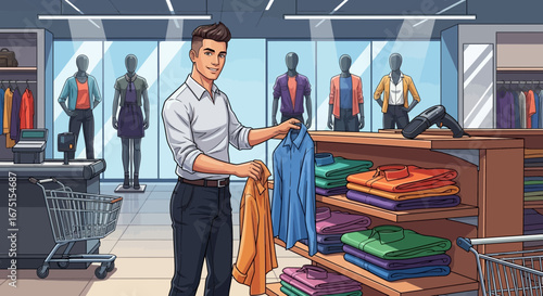 Happy man shopping for shirts in clothing store with various colors selection