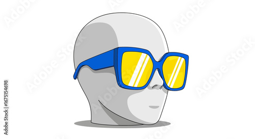 Grey head wearing blue-framed yellow sunglasses on a white background