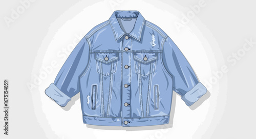 Light Blue Denim Jacket with Rips and Rolled Sleeves on White Background