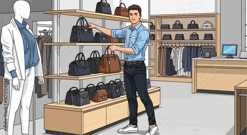 Man arranging stylish handbags in a contemporary boutique setting indoors