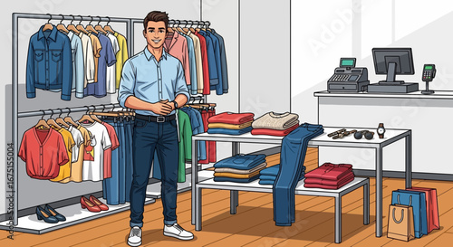 Modern cartoon illustration of a confident salesman in a clothing shop