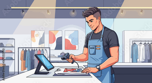 Modern boutique cashier scanning shirt with barcode reader at the counter