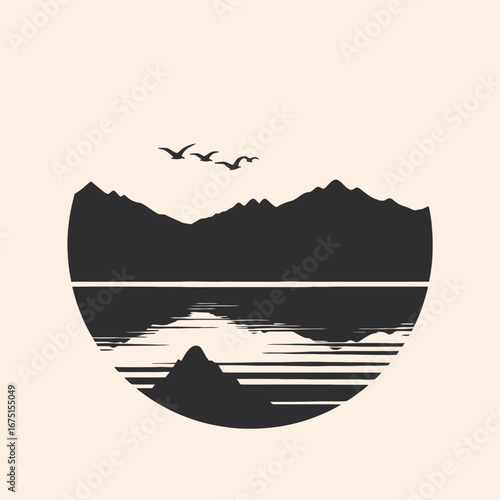 Serene mountain landscape with birds reflected in the water surface silhouette