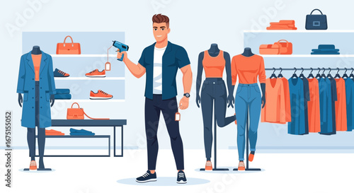 Modern Retail Associate Scanning Merchandise in Contemporary Clothing Store
