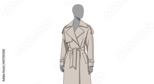 Neutral trench coat with belted waist and classic detailing vector illustration