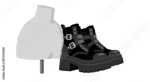 Platform Boots with Buckles Adjacent to a Neutral Display Mannequin Torso