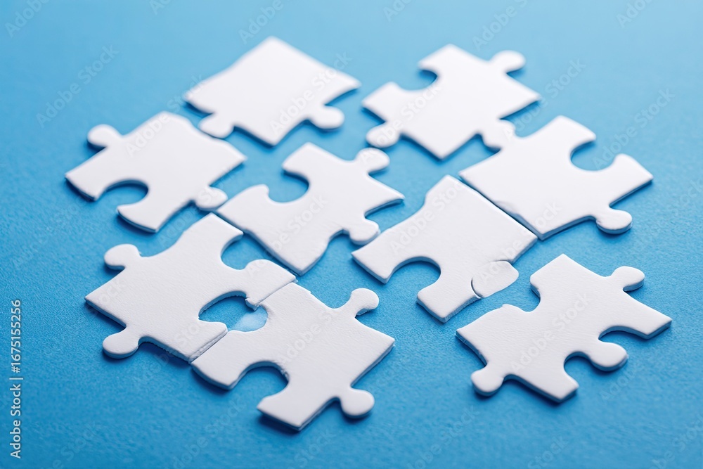 Obraz premium White jigsaw puzzle pieces on a light blue surface