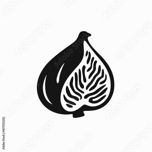 Black halved fig showcasing the interior seed pattern on white silhouette