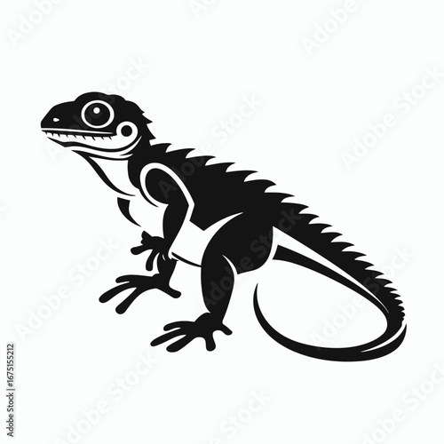 Dramatic iguana illustration with a stark black and white silhouette.
