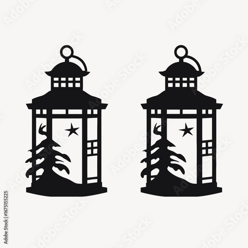 Decorative Christmas lanterns displaying wintery scenes as a festive vector silhouette