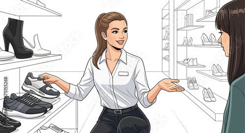 Stylish boutique scene with saleswoman assisting customer in shoe selection