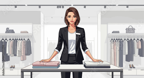 Stylish cartoon boutique employee with professional demeanor and elegance