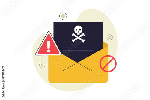 Blackmail Scam and Cybercrime Threat Illustration. A Malicious Email Demanding Money and Threatening the User with a Digital Security Attack. Flat Vector Illustration