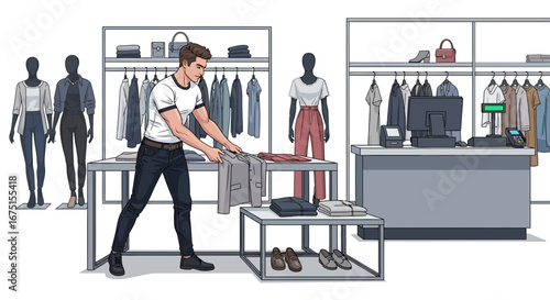 Stylish Man Arranging Apparel Display in a Modern Clothing Boutique Setting